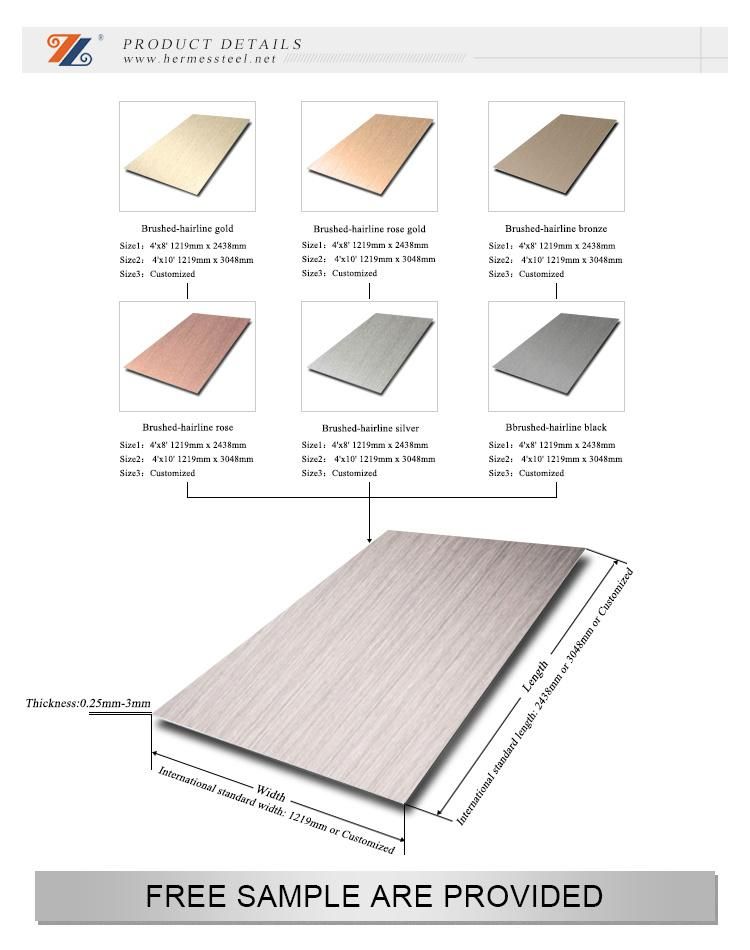 Grade 304 316 201 Hairline Stainless Steel Decorative Gold Rose Gold Color Metal Sheet 4X8 for Elevator Cabin