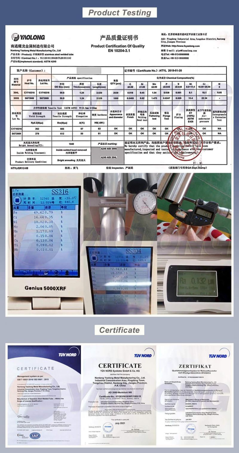 En 10217-7 Standard TP304 TP304L Stainless Steel Water Pipe Tube