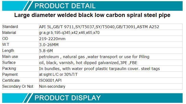 SSAW/LSAW API 5L Spiral Welded Carbon Steel Pipe Natural Gas and Oil Pipeline