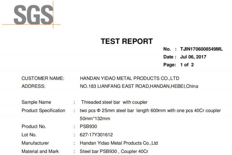 Stress Bar, Sas Hot Rolled Thread Bar, 950/1050MPa, PC Bar