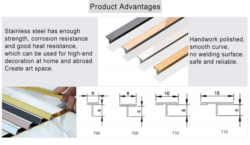 Ef594 Original Factory Original Hotel Projects Floor Transition 0.7mm 304 PVD Hairline Finishing T8 Stainless Steel T Profiles