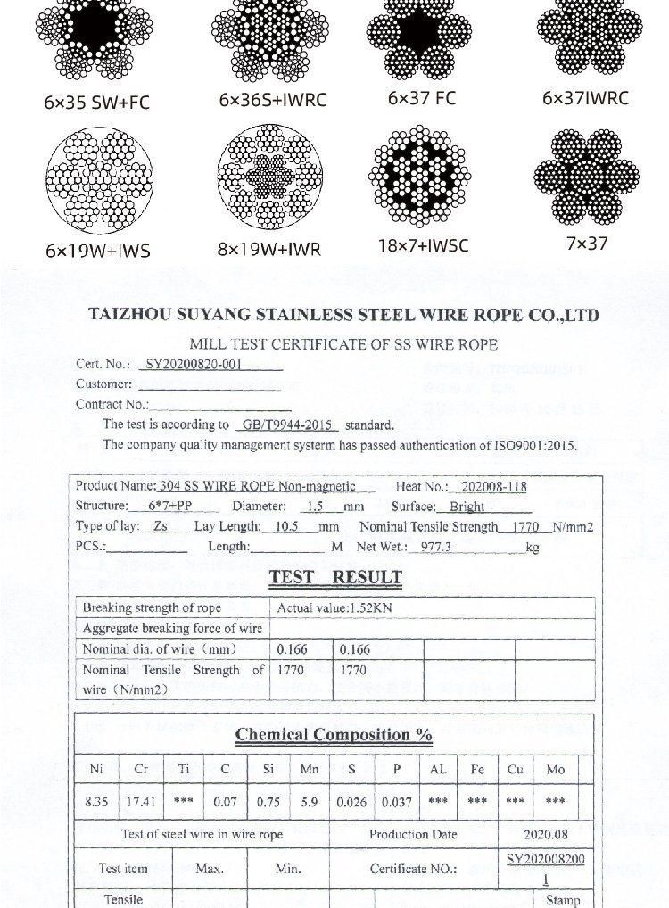 High Strength Corrosion Resistance 316 7*19 Stainless Steel Wire Rope 1.3mm Stainless Steel Cable