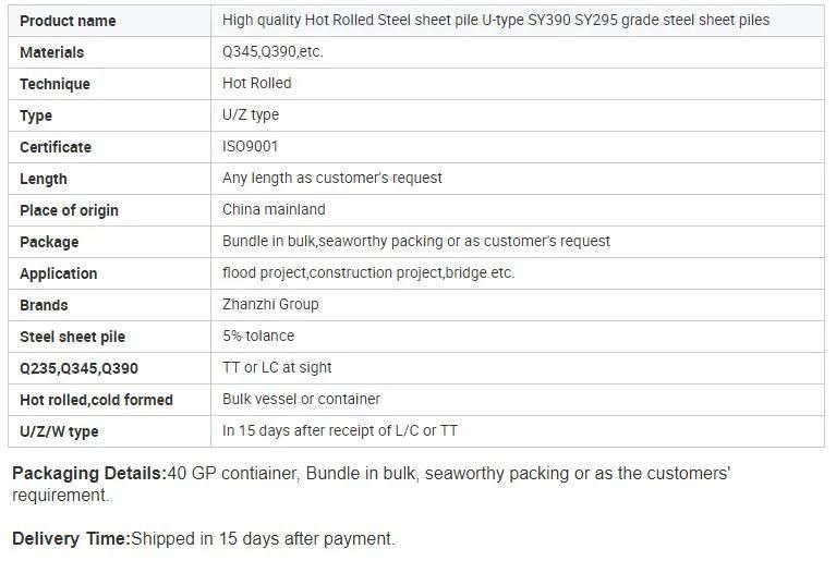 Hot Selling Steel Sheet Pile Type 2 Sy295/Sy390 Sheet Pile