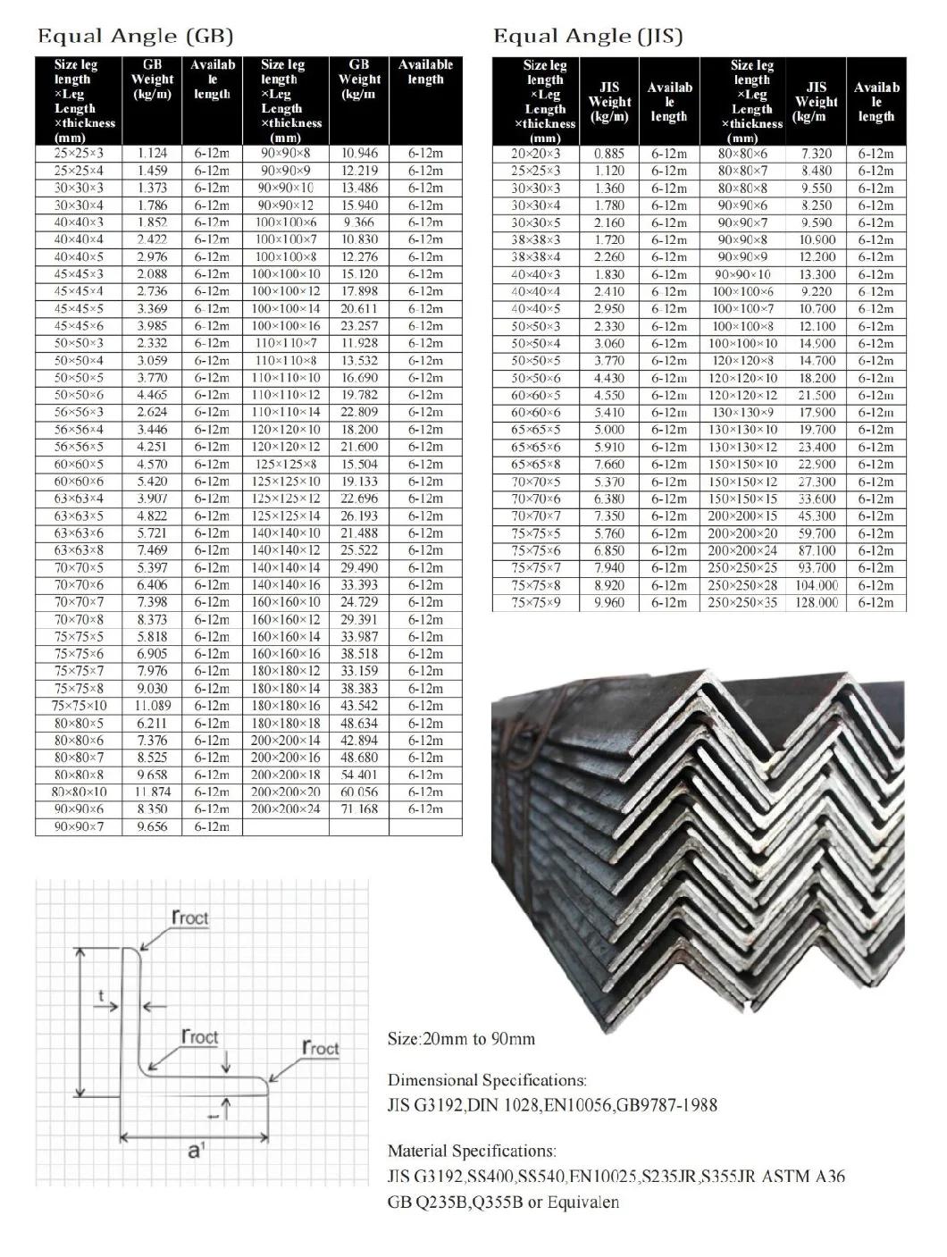 25*2.5mm 150*90*8mm ASTM A36 Carbon Steel Shaped Profiles Iron Angle for Building Material