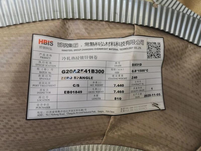 60 - 275g /M2 Hot Dipped Galvanized Steel Coil with ASTM A653 / SGCC / Dx51d