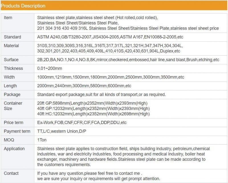 Good Quality 201 430 304 304L 316 316L 321 304h 2507 904L Ss Stainless Steel Sheet/Plate Price Per Kg