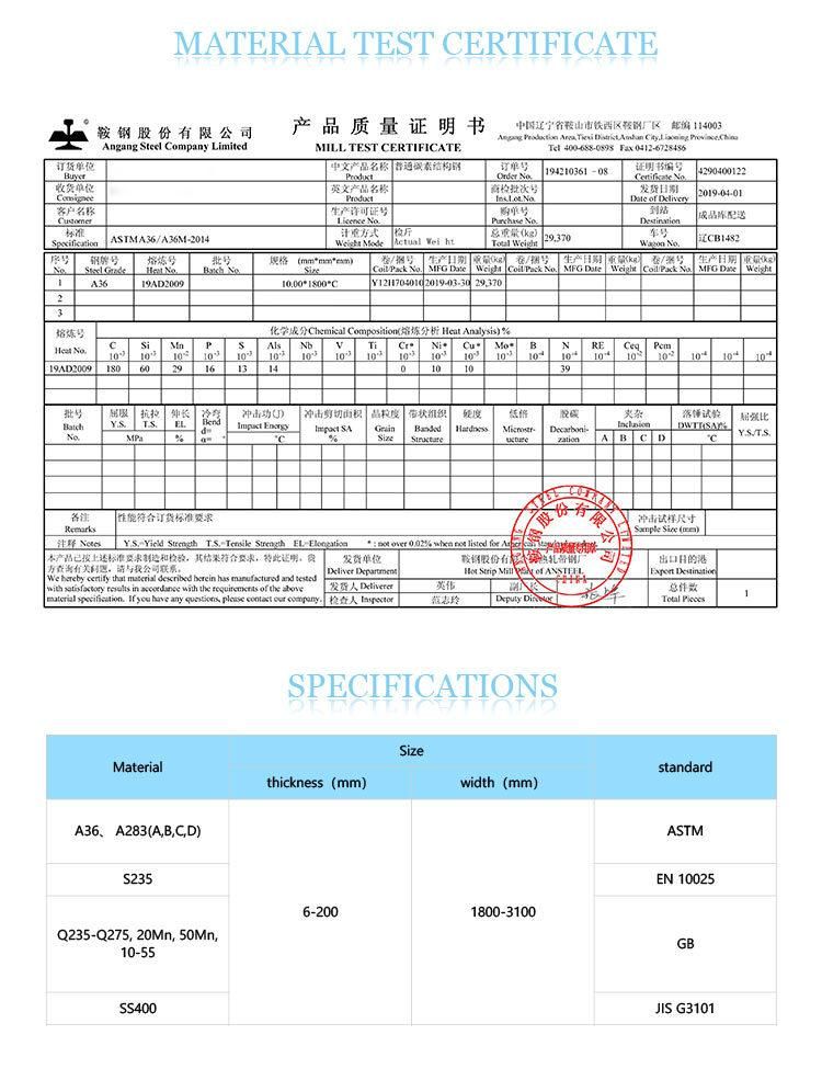 Hot Rolled Steel Sheet/Plate ISO A36/Q275c/Ss490/A1011/E275b/S275jo Carbon Steel