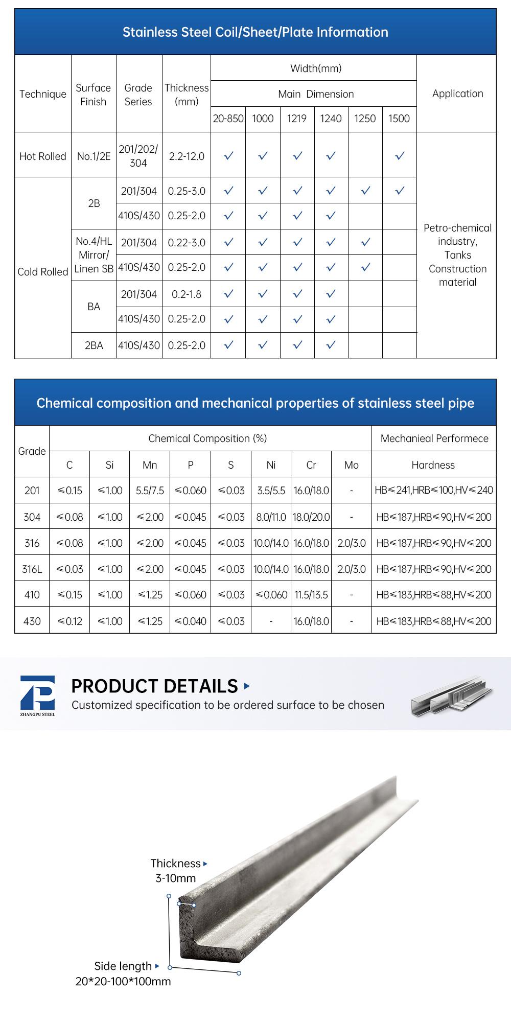 AISI 304 304L 316 316L 2205 310 310S Stainless Steel Angle Bar