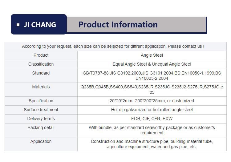 for Project Material Made in China Steel Angle Standard Sizes with Grade En S235jr S355jr Hot Rolled Angle Steel