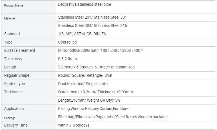 Decorative Bright AISI SUS Ss Inox Sanitary 201/202/304/304L/316/316L/310S/430/440/2205/2507 Round Square Rectangular Oval Capillar Stainless Steel Pipe Tube