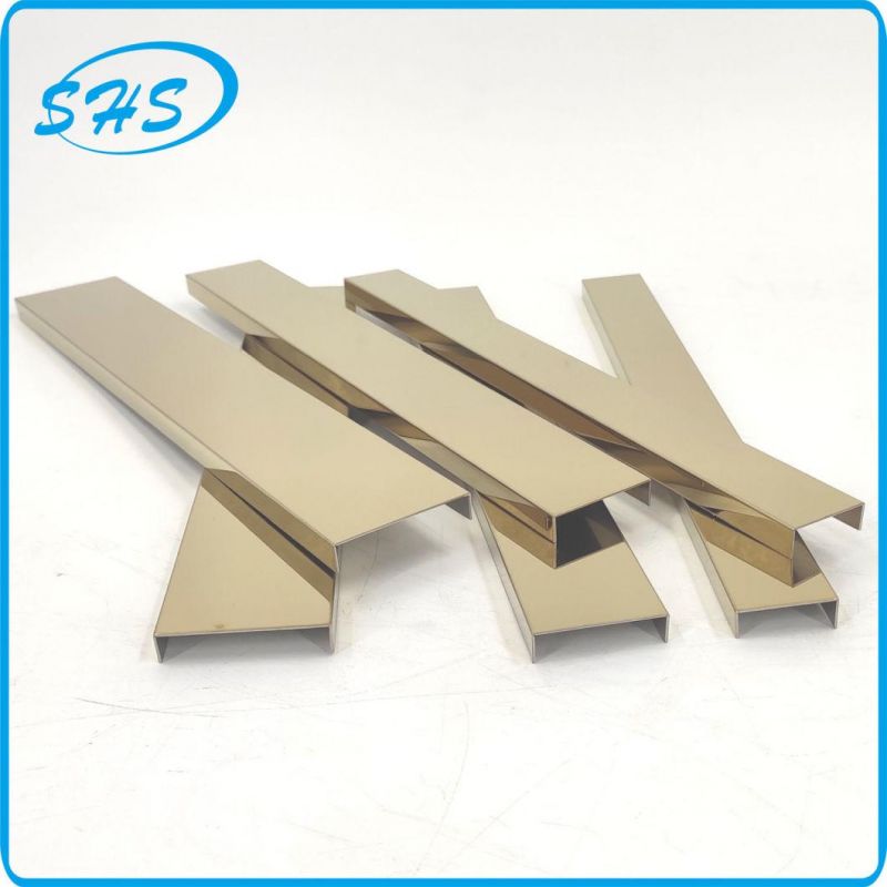 Stainless Steel U-Shape Profile with Ti-Black Golden Black Rose 800 G Mirror Finish as Material for Glass Holding and Constructing