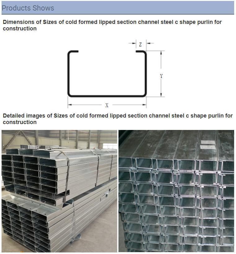 Sizes of Cold Formed Lipped Section Channel Steel C Shape Purlin for Construction