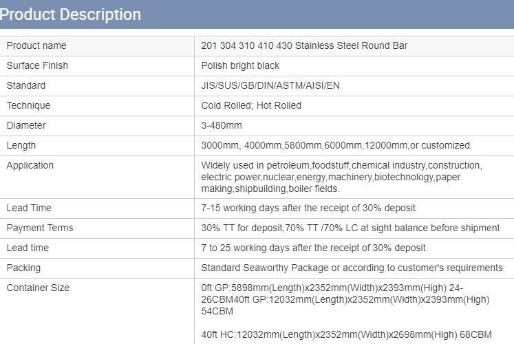 Cold Rolled Bright Surface 201 430 303 304 310 316 321 Stainless Steel Round Bar 2mm, 3mm, 6mm Metal Rod