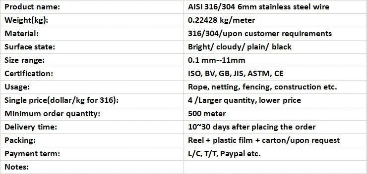 AISI 316/304 Diameter 6mm Stainless Steel Wire High Quality Fit for Fencing/Netting