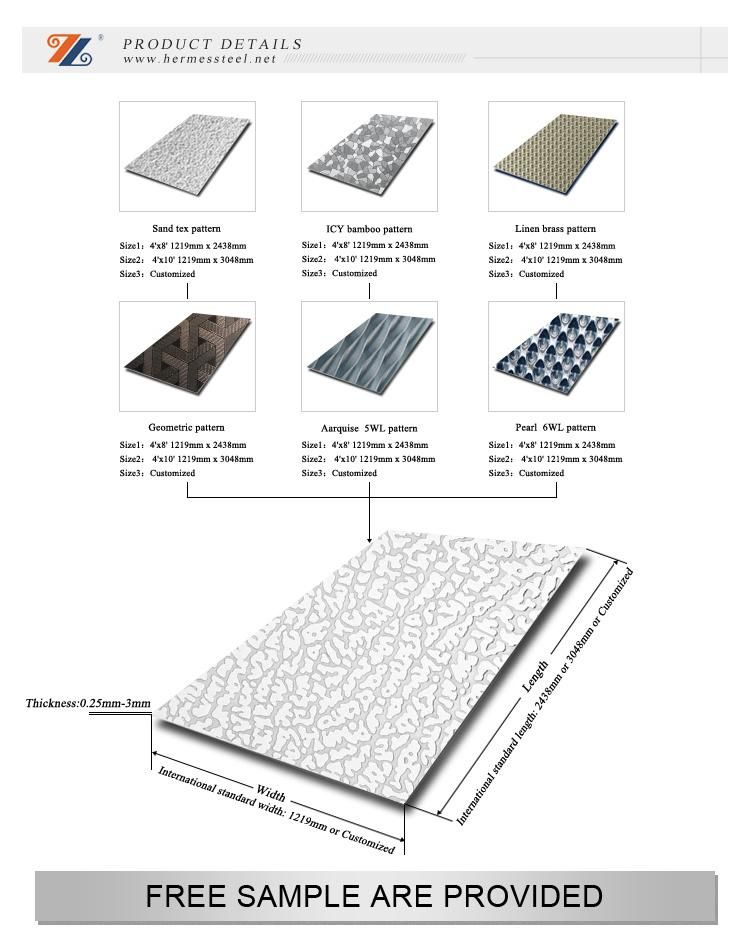 201 304 316 316L 430 Sand Blasted Etched Colored Stainless Steel Decorative Sheet for Facade Usage Panels