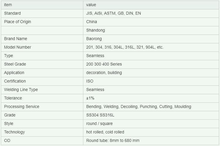 Factory Drectly Supply 304 316 Stainless Steel Pipe/Tube Price List Per Kg