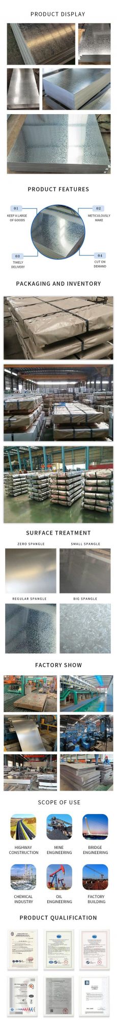 Factory Direct Supply G90 G60 G50 G40 Hot DIP Galvanized Steel Sheet 12 14 16 18 24 26 Gauge Metal Sheet Gi Sheet Dx51d Z275 Galvanized Steel Sheet 4X8FT Size