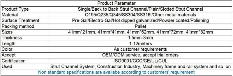 Stainless Steel SS304 SS316 Gi Plain Strut Channel Price List