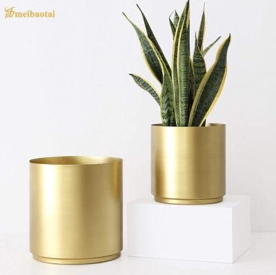 PVD Golden Brush Design Cylinder Indoor Metal Planter 201 Stainless Steel Flower Pot