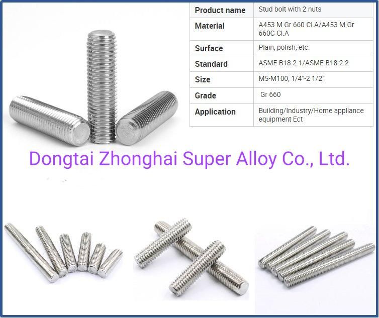 Grade 660 ASTM A453 Stud Bolt with Heavy Nut