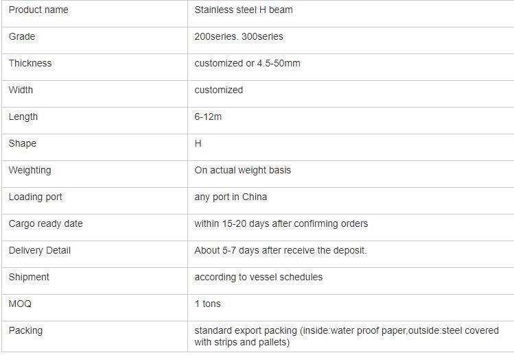 Hot Selling 202 304 Stainless Steel H Beam