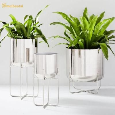 Silver Polish Surface Cylinder Shape Design Metal Flower Pot Stainless Steel Planter