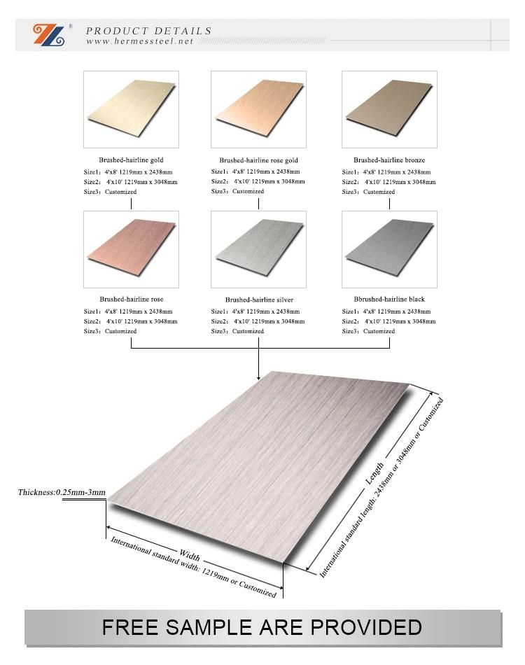 Hongwang Stainless Steel Color Hairline Stainless Steel Color Sheet Decorative Hairline Sheet Plate Material for Sale
