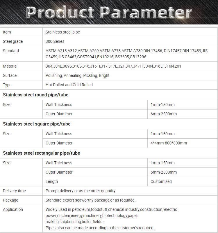 304 304L 316L 316 Stainless Steel Tube Tp316L Seamless Stainless Steel Pipe