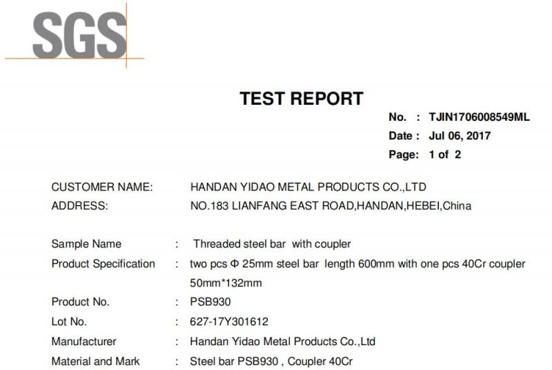 Stress Bar, Sas Hot Rolled Thread Bar, 670/800MPa, PC Bar