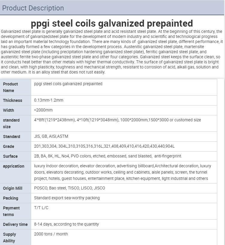 ISO Authentication PPGI Prepainted Galvanized Steel Coil for Steel Coil for Construction Materials