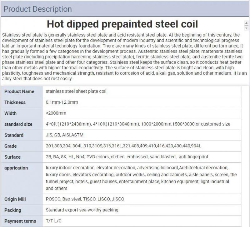 ASTM AISI 409L 410 420 430 440c Stainless Steel Plate/Sheet/Coil/Strip 301 304 316 321