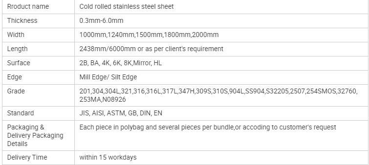 China Hongwang Factory 201 304 316L 2b Ba No. 4 Hl 8K Surface Finish 4X8 Size Cold Rolled Stainless Steel Sheet for Elevator Door