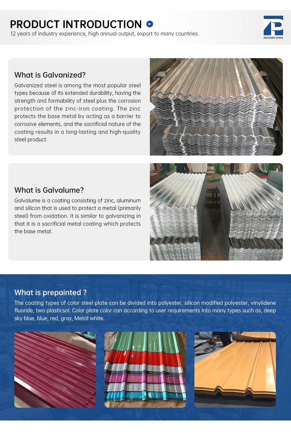 Zhangpu Popular Prepainted Galvanized Corrugated Steel Roofing Sheet Full Hard Zinc Roofing Sheet
