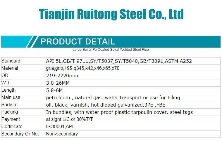 Large Spiral PE Coated Spiral Welded Steel Pipe