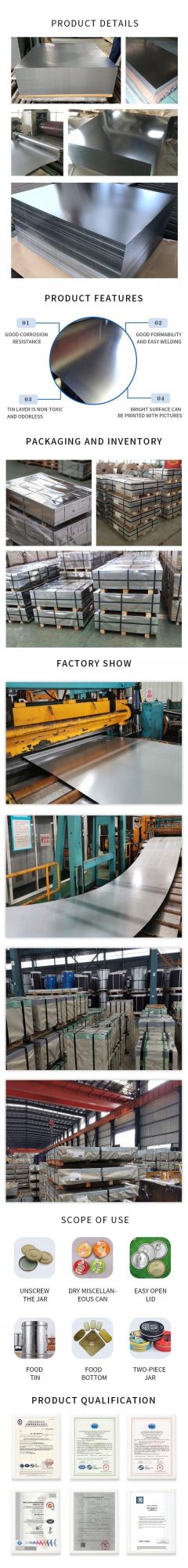 SPCC Tinplate Tinned Steel T2 T4 Tin Coated Thin Sheet for Food Packing
