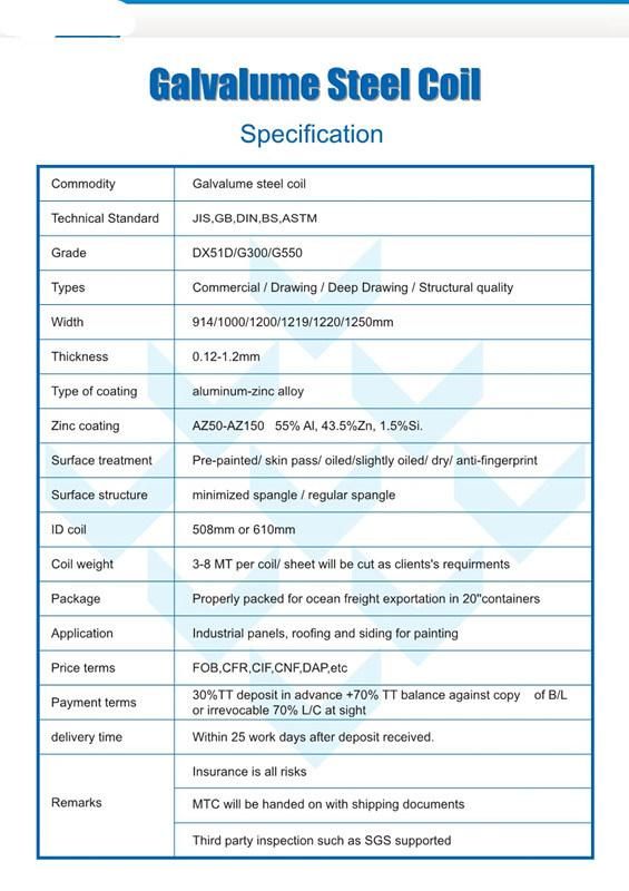 Dx51d Dx52D Alu-Zinc Coated Galvalume Stainless Uesed on Steel Building